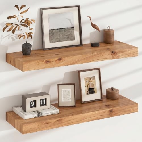 FLYJOE Floating Shelves for Wall, USA-Sourced Elm Wood 30 Inch Wall Shelves Set of 2, Natural Wooden Mounted Picture Ledge Shelf, Nursery Book Storage Shelf Kids Bookshelf Display, Shelf for Bathroom - color: Usa-sourced Elm Wood, size: 30''W, 2Packs