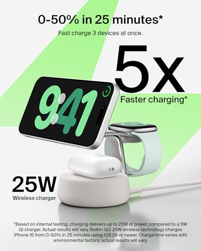 Belkin MagSafe Charger Compatible, 3-in-1 Charging Station, Qi2.2 25W w/Cooling Fan (On/Off Control) Magnetic Wireless Charger for iPhone 17, Apple Watch, AirPods, Pixel 10 (45W Adapter Included) - color: Sand, style: 3 in 1