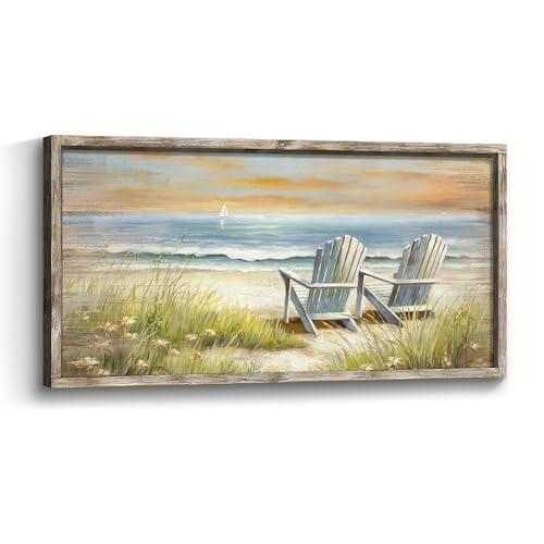 Beach Ocean Wall Art Framed: Coastal Chair Print Picture Relaxing Sea View Wooden Painting Seaside Seascape Artwork Decor for Living Room Bedroom Bathroom 24”x12” - color: Beach 02, size: 24"L x 12"W