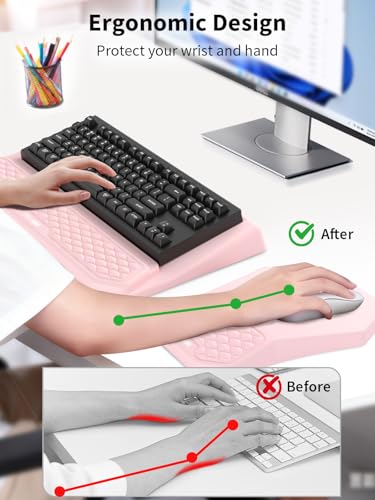 3-in-1 Ergonomic Keyboard Stand with Wrist Rest & Mouse Pad Set, Comfy Keyboard Riser Holder Soft Mousepad with Massage Design, Memory Foam and Non-Slip PU Base for Pain Relief, Pink - color: Light Pink