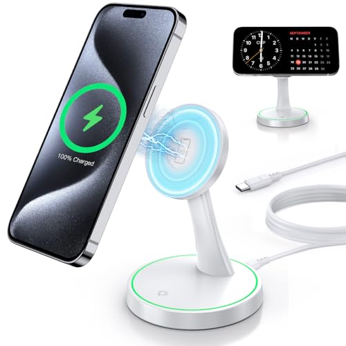 Magnetic Wireless Charger Stand 15W Fast Mag-Safe Charger for iPhone 17 /17 pro/ 17 Air/ 17 pro max 16/15/14/13/12 Series Magnet Wireless Charging Station/Pad with Sleep-Friendly Light for AirPods - color: Magnetic White