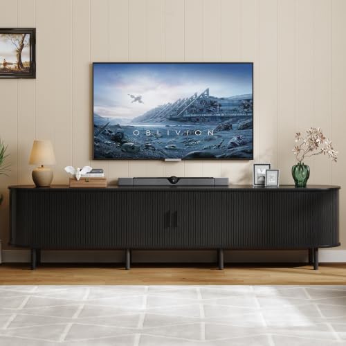 ONBRILL 94.5" TV Stand with Power Outlet for TVs up to 102 Inch, Entertainment Center with Storage and Adjustable Shelves, Modern Media Console with Sliding Doors for Living Room, Black - color: Black, size: 94.5 Inch