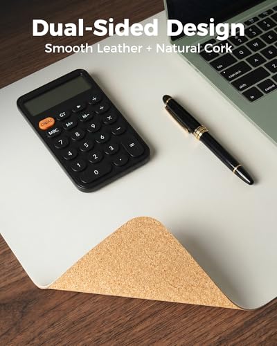 Aothia Dual-Sided Desk Pad - Leather Desk Mat, Natural Cork Desk Pad Protector, Large Mouse Pad for Desk, Waterproof Desk Blotter Pad, Desk Writing Pad for Office Work/Home, Off-White (25.6"x13.7") - color: Off-white+cork, size: 25.6" x 13.7"