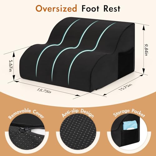 Echaprey Foot Rest for Under Desk at Work,Adjustable Under Desk Footrest Multifunctional 3-Tier Foot Stool with Non-Slip Base and Washable Cover Ergonomic Foot Stool for Office,Home,Car,Travel (Black) - color: Black