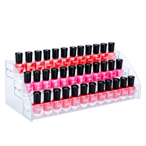 3 Tier Clear Acrylic Nail Polish Organizer, Multi-Purpose Desktop Storage Rack for Essential Oils, Ink Bottles, Eyeglasses, Small Jewelry & Mini Toys, Vanity Countertop Display Holder for Home, Nail Salon & Art Studio Holds Up to 36 Bottles (Fit 1-2oz Bot