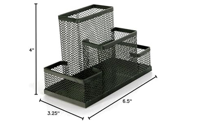 Huron Pen Holder and Desk Organizer Caddy, 4 Compartment Storage for Pencils Pens Sticky Notes Office Desk Accessories for Home Office,Black Steel Mesh (1/4/24/96) (1 pc)