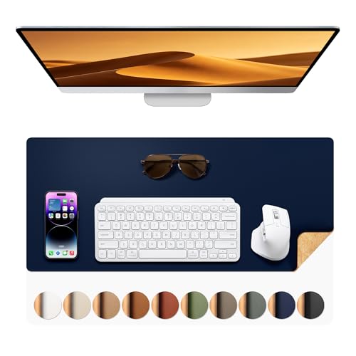 Aothia Dual-Sided Desk Mat, FSC Cork & PU Leather Desk Pad, Large Mouse Pad & Writing Surface for Compact Workspace, Non-Slip Waterproof Desk Protector - 25.6" x 13.7", Dark Blue - color: Dark Blue+cork, size: 25.6" x 13.7"
