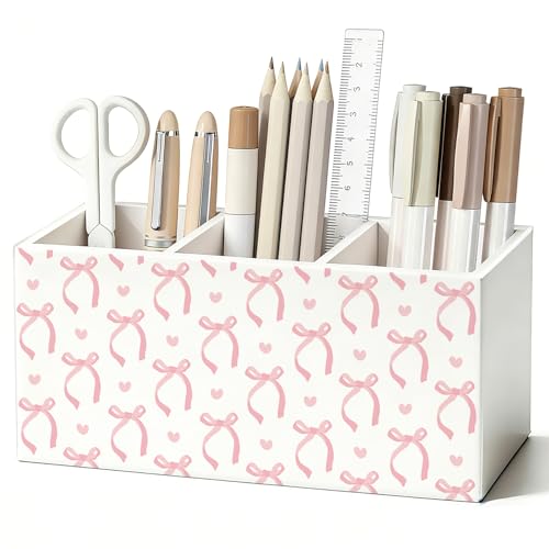 Pink Bow Pen Pencil Holder for Desk Decor, Girly Office Decor, Preppy Pink Bow Aesthetic Wooden Box Sign Decorations for Girly Room Bedroom Dorm Office Desk Tabletop - color: 02-Pink Bow(white)
