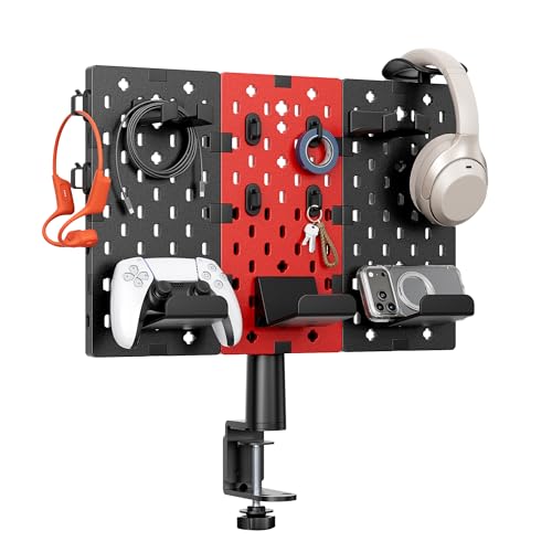 PEGZONE Modular Headphone and Controller Holder for Game, Clamp-on Pegboard, Rotatable Controller Stand with Cable Hooks, Gaming Accessory for Xbox PS5 PS4 Nintendo Switch, 3Pcs Pegboard, Red - color: Red, size: 3PCS