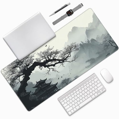 Extended Mouse Pad, Chinese Ink Painting Landscape Design, 35.4x15.7 Inches, Gaming Keyboard Pad with Stitched Edges, Anti-Slip Rubber Base - color: Ancient trees