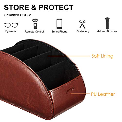 SITHON Remote Control Holder with 5 Compartments – [Upgrade Version] PU Leather Remote Caddy Desktop Organizer Store TV, DVD, Blu-Ray, Media Player, Smart Phones, Heater Controllers (Brown) - color: Brown, size: Large