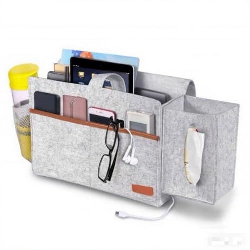 Bedside Caddy - Hanging Storage Pouch for Bedside, Couch, Dorm Room - Multi-Pocket Wall Mounted Felt Storage Organizer for Bedroom,With Tissue Box Cover Holde (Light Gray) - color: Light Gray
