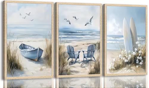 3 Piece Coastal Beach Wall Art for Bathroom, Ocean Seaside Scene Canvas Print with Boat, Adirondack Chairs & Surfboards, Serene Blue Beach Pictures Wall Decor for Bedroom Living Room, Unframed, 16x24Inches - color: Beach leisure, size: 24"L x 16"W