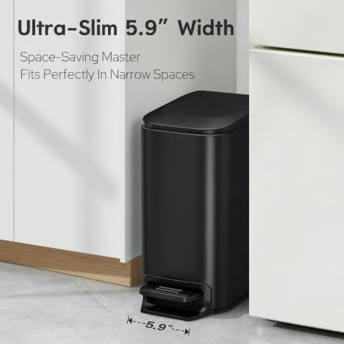 TIPGO Slim Bathroom Trash Can with Lid Soft Close, Step Pedal, 6 Liter / 1.6 Gallon Stainless Steel Garbage Can with Removable Inner Bucket, Anti-Fingerprint Finish (Matte Black) - color: Matte Black