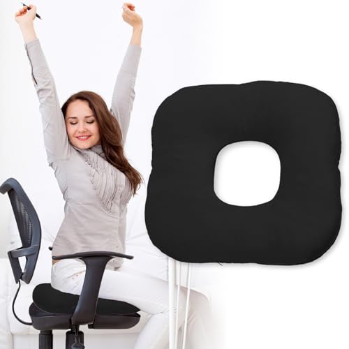 Stuffed Donut Pillow Seat Cushion | for Tailbone and Coccyx Pain, Hemorrhoids, Bed Sores, Pregnancy, Prostate, Surgery Recovery, Sitting Pressure Relief, for Home, Office and Car (Black) - color: Black