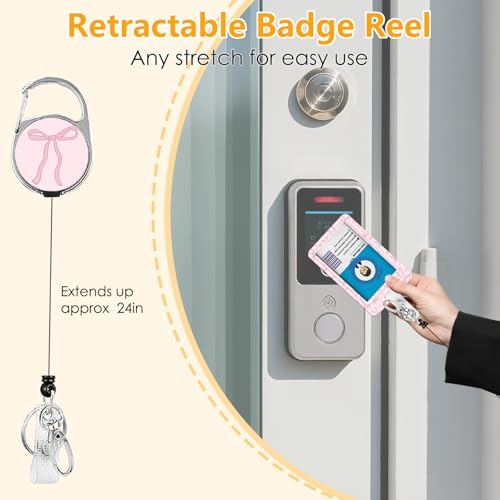 Bow Badge Holder with Lanyard, Beautiful Bow ID Badge Holder with Retractable Reel Clip and Keychain, Vertical Identity Card Cover Case Protector for Nurse Teacher - color: Bow-pink