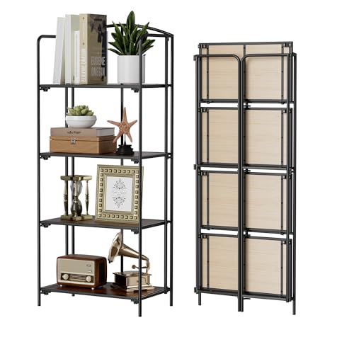 Crofy 4-Tier Foldable Bookshelf, Black Frame & Walnut Shelves | No-Assembly Collapsible Portable Storage Organizer; Sturdy Walnut Finish Shelves; Ideal for Living Room & Home Office - color: Black Frame & Walnut Shelf, size: 4 Tier