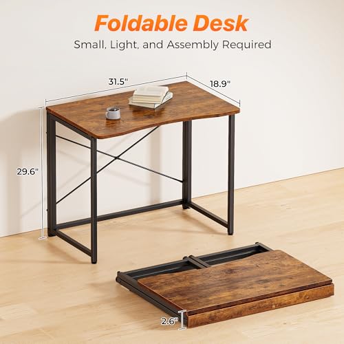 Huuger Folding Desk for Small Spaces, 31.5 Inch Foldable Computer Table, for Home Office, Study, Bedroom, Dorm, Space Saving, Small Writing Work Office Computer Desk, Easy to Fold, Rustic Brown - color: Rustic Brown, size: 18.9"D X 31.5"W