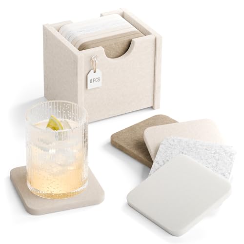 Fluxynara Felt Coasters for Drinks, Set of 8 Absorbent Coasters with Holder, Heat-Resistant & Reusable Square Design for Coffee Table & Living Room, 3.94 Inch, Stone Beige - color: Stone Beige, size: Square - 8 Count