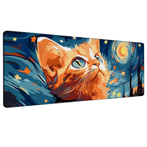Orange Cat Under Starry Night Gaming Mouse Pad with Stitched Edges Non-Slip Rubber Base Mouse Pad for Office,Computer,Keyboard,Laptop and Home Desk,31.5 x 11.8 Inch - color: Orange Cat under Starry Night, size: 11.8*31.5inch