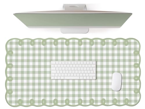 Cute Green Scalloped Desk Mat Checkered Gingham Large Mouse Pad Kawaii Vintage Farmhouse-Inspired Cottagecore Office Desk Decor Stitched Nonslip Pad for Computer Keyboard & Mouse 31 * 15.7in - color: A1- Green