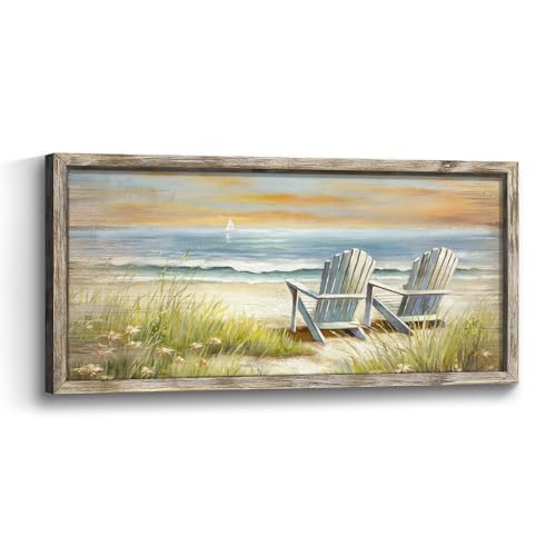 Framed Beach Coastal Wall Art: Wooden Relaxing Seaside Chair Picture Artwork Ocean Sea Grass Seascape Painting Print Decor for Bedroom Living Room Office 40x20 inch - color: Beach 02, size: 40"L x 20"W