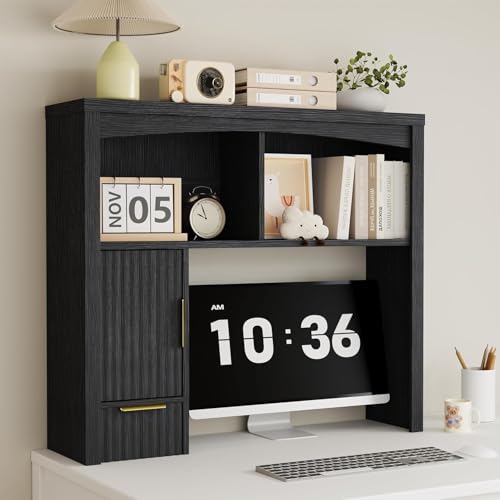 Desk Hutch Shelf, Desktop Shelf Organizer 37 inch Wide Desktop Bookshelf 2-Tier Wood Hutch Bookcase Organizer with Drawer Dorm Table Shelves Desk Shelves Office Bookshelf with Storage-Black - color: Black, size: 37"W