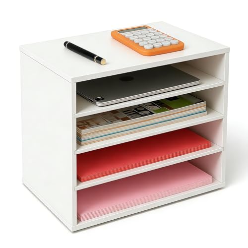 EMERIT 4-Tier Adjustable Paper Organizer, Large Capacity Desktop Organzier for Textbooks/Magazines/Office Files, Wooden Dividers, 7 lbs per Shelf, White - color: 4 Tier-white