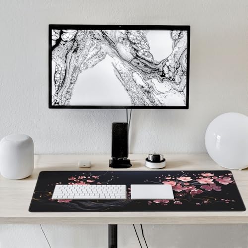 Extra Large Mouse Pad, Cherry Blossom Design, Non-Slip Rubber Base, Stitched Edges, 35.4 x 15.7 Inches, for Gaming and Office - color: plum blossoms