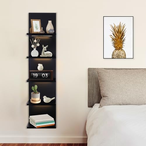 5 Tier Wall Shelf Unit, Black Shelves,Lack Shelf, Wall Shelves for Bedroom，Office,Bathroom, Vanity Shelves with LED Remote Control Light - color: Black