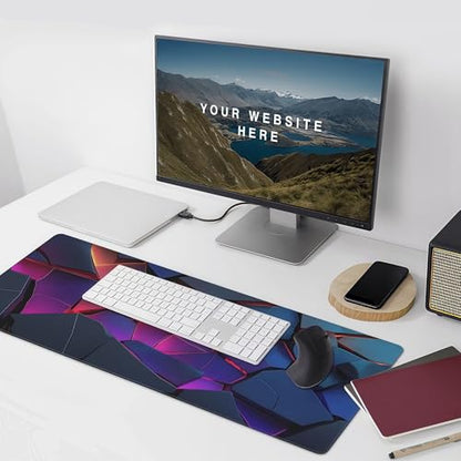 Large Gaming Mouse Pad with 3D Geometric Design, Non-Slip Rubber Base, Blue Purple Red, 35.4 x 15.7 Inches, Rectangular Desk Mat - color: 3D Geometric
