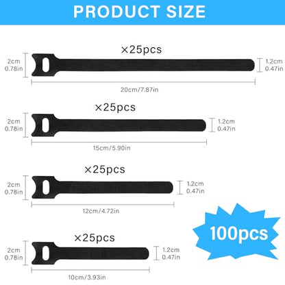 100pcs Reusable Cable Ties - Hook and Loop Straps for Cable Management - Adjustable Cord Organizer & Wire Ties for Electronics, Home, Office & Desk - 4 Sizes (8/6/5/4 Inch) - style: 8+6+5+4 Inch