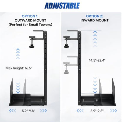 TooCust Adjustable Under Desk PC Mount, Heavy Duty No Drilling Clamp Mount on Desk Fits Most PC Tower 14.5”-22.4” (H) , Thickened & Ultra Strong CPU Holder for Standing Desk & Home Office, Black - color: Black