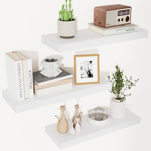 fuqing Floating Shelves for Wall - White Wood Wall Shelves Set of 3 - Modern Style Wooden Shelves for Room Decor & Storage - color: White, size: 17 Inch