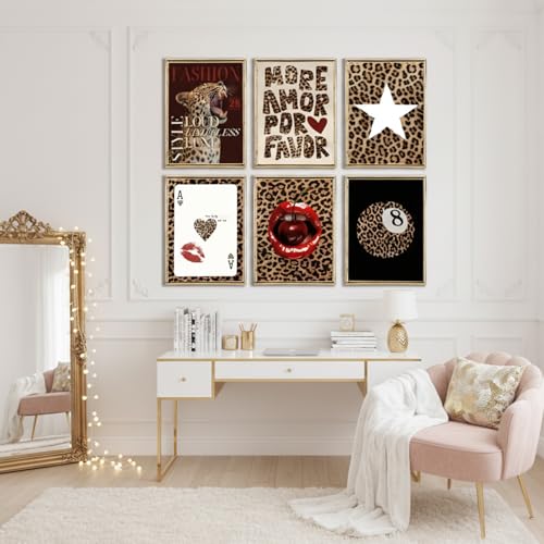 GJJXYCZF 6pcs Trendy Leopard Wall Art Prints, Preppy Cheetah Aesthetic Posters Set, Funky Lips Cherry Lucky Ace Card Star 8 Ball Room Decor for Girls Bedroom, Apartment Dorm, 8"x10" Unframed - color: Leopard