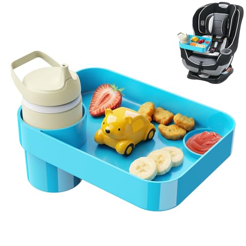 Car Seat Snack Tray for Toddlers - 3 Inch Cup Holder Fits Most Sippy Cups & Straw Bottles with Dip Well, Mess-Free Square Kids Travel Tray Road Trip Essentials, Sky Blue - color: Sky Blue