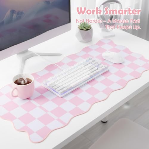 Copkim 1 Pcs Pink Scalloped Checkered Desk Mat 31.5 x 11.8 Inch Large Cute Mouse Pad Computer Mat Non Slip Waterproof Rubber Base with Border Stitching Soft Keyboard Pad for Home Office Gaming Makeup - color: Pink, style: Checkered