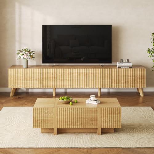 TV Stand and Coffee Table Set of 2, Modern TV Stand with Storage Compartments, 70.9" Entertainment Center with 6 Supporting Legs, 50.8’’ Fluted Coffee Table, Rectangular, 4 Drop Down Drawers, Natural - color: Natural, size: Set2