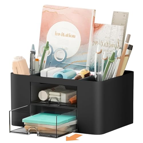 Stationary Organiser 7-Grid Desk Organizer with Drawer – Multifunctional Plastic Table Organizer & Pen Holder for School, Office, and Home (Black) - color: Black