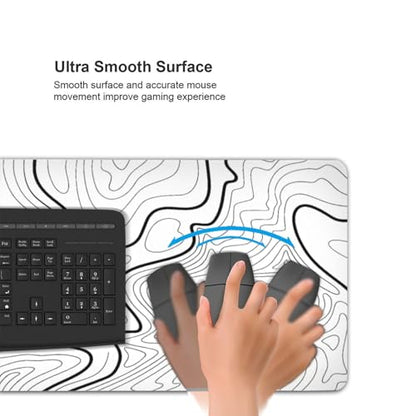 XXL White Topographic Contour Big Mouse Pad Large,Gaming Mouse Pad Desk Pad,35.4x15.7x0.12 Inch Long Computer Keyboard Mouse Mat Mousepad Non-Slip Base and Stitched Edge for Gaming and Office - color: White Topographic Contour, size: 35.4Lx15.7W inches