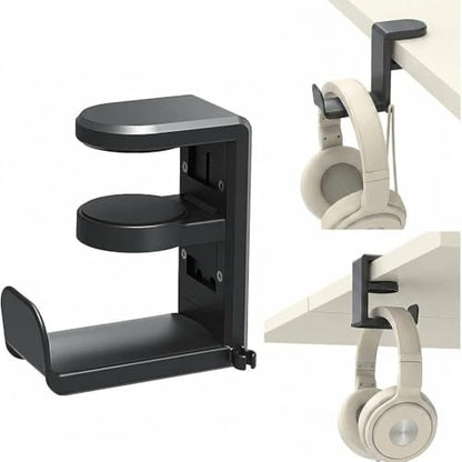 Clamp-On Under Desk Headphone Hanger, 360° Rotating Hook with Cable Clip, No Adhesive No Drill, Gaming & Office Desk Headset Organizer Black