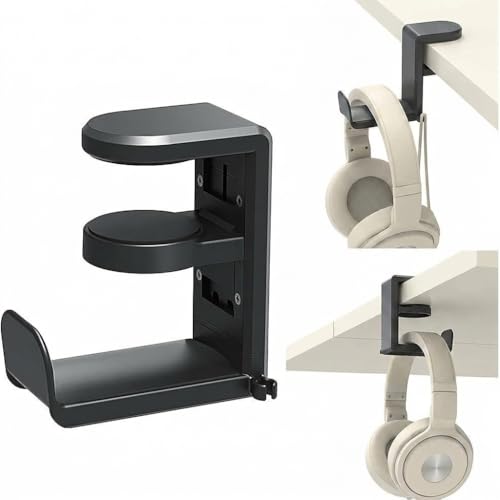 Clamp-On Under Desk Headphone Hanger, 360° Rotating Hook with Cable Clip, No Adhesive No Drill, Gaming & Office Desk Headset Organizer Black