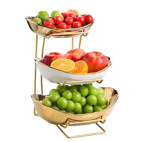 Gold Silver Fruit Bowl with Metal Stand, 3 Tier Ceramic White Fruit Bowl Fruit Rack for Kitchen Counter, Tiered Fruit Basket for Snacks Bread Candy Storage (Gold (Smooth Surface)) - color: Gold (Smooth Surface)