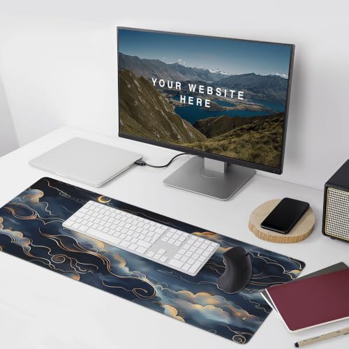 Japanese Mouse Pad, Moon and Cloud Desk Mat, Aesthetic Gaming Desk Pad 35.4 x 15.7 Inch, Non-Slip Rubber Base with Stitched Edges for Office and Gaming - color: Green And Gold