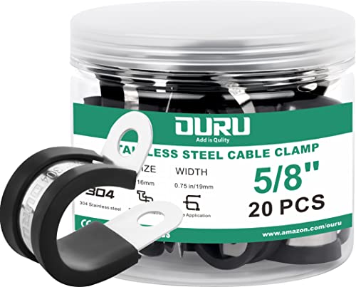 OURU 20pcs 5/8 Inch Stainless Steel Cable Clamps,Rubber Coated Cushioned Insulated Cable Clamp,Automotive Cable Wire Clamps,Pipe Clamps,Metal Clamp for Tube,Lines,Wire Cord Installation(Black,16mm) - size: 20pcs - 5/8"