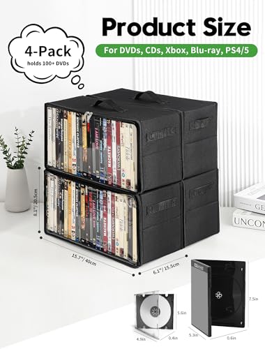 4-Pack DVD Storage Box, Stackable DVD Case Holder Organizer with Front Zippered Clear Window, CD Holder for CD, Blu-ray, VHS, Video Games, and Movie Collection, Holds 100+ Cases