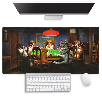 Large Gaming Mouse Pad (31.5" x 15.8") - Dogs Playing Poker Oil Painting Art Funny Cute Pets Joking Games Artwork, Extra XXL Extended Office Accessories, Premium Stitched Anti-Slip Desk Mat - color: Dogs Playing Poker