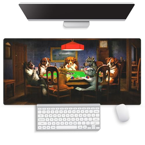 Large Gaming Mouse Pad (31.5" x 15.8") - Dogs Playing Poker Oil Painting Art Funny Cute Pets Joking Games Artwork, Extra XXL Extended Office Accessories, Premium Stitched Anti-Slip Desk Mat - color: Dogs Playing Poker