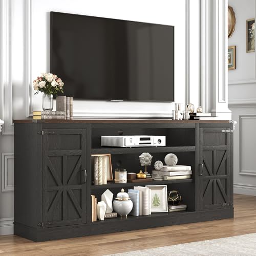 Hlivelood 75" Farmhouse TV Stand with Power Outlets for 85 Inch TVs, 33" Tall Entertainment Center with Storage Cabinets w/Adjustable Shelves, Rustic Large TV Media Console, Black - color: Black, size: 75in