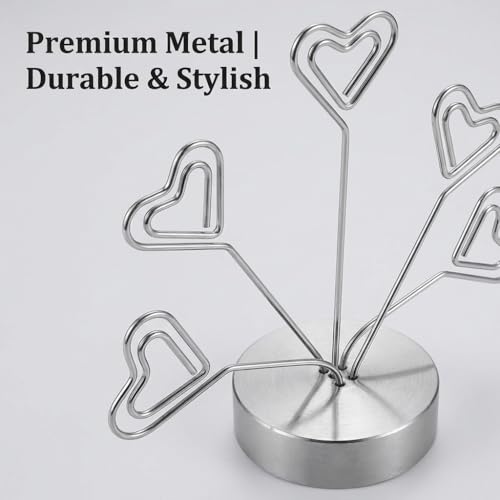 Desktop Heart-Shaped Photo Tree Style Holders Round Base,5-Branch Family Picture Frame Clips Holder Desk Card Display Stand for Christmas,Wedding, Birthday Party,Gift Silver - color: Gift Silver
